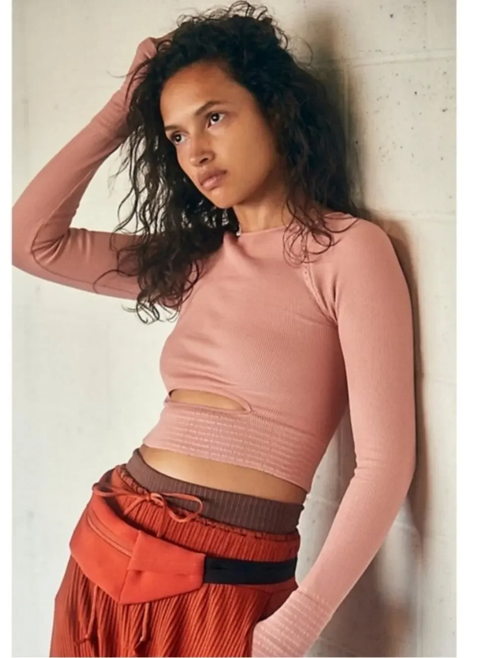 FP Movement Cut It Out Long Sleeve Fitted Crop Top in Peach Pink - Size M/L